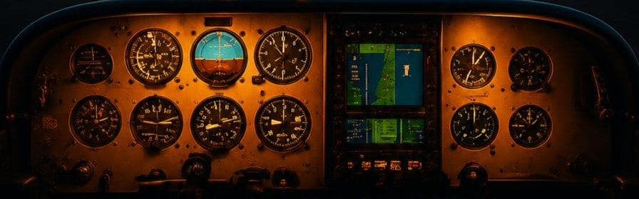 The instrument panel of a light aircraft, dark and close up.